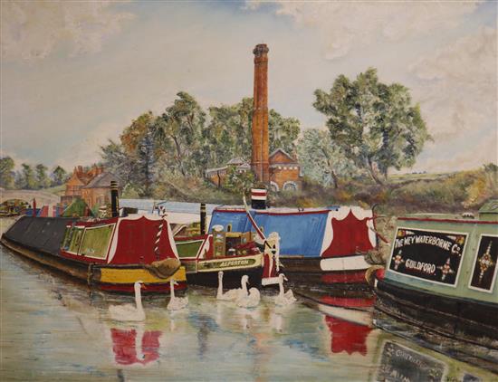 Bryan Whitham oil on canvas, Canal barges, signed, 85 x 110cm.